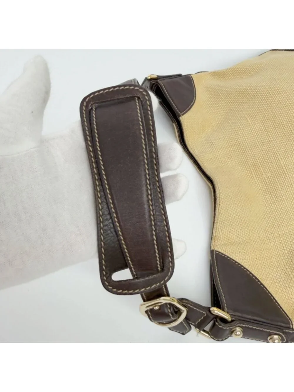 Gucci Horsebit Canvas Hobo Shoulder Bag Beige Brown Gold Vintage